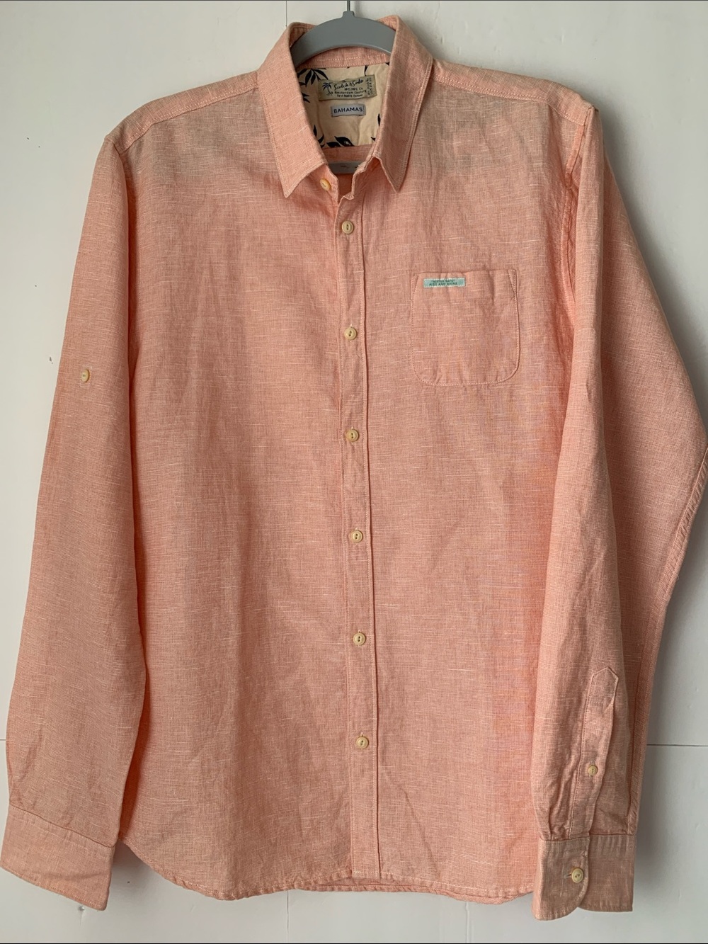 Scotch & Soda Men’s Long-Sleeve Roll Tab Fitted Shirt in Pale Coral Size L